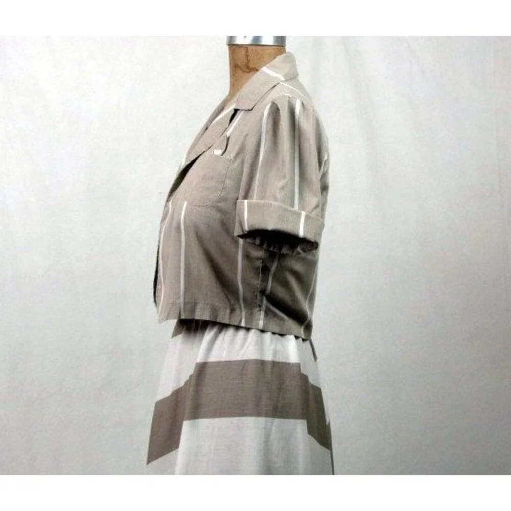 Vintage 70s Summer Dress Chevron Print White Taupe Small Matching Jacket Cotton